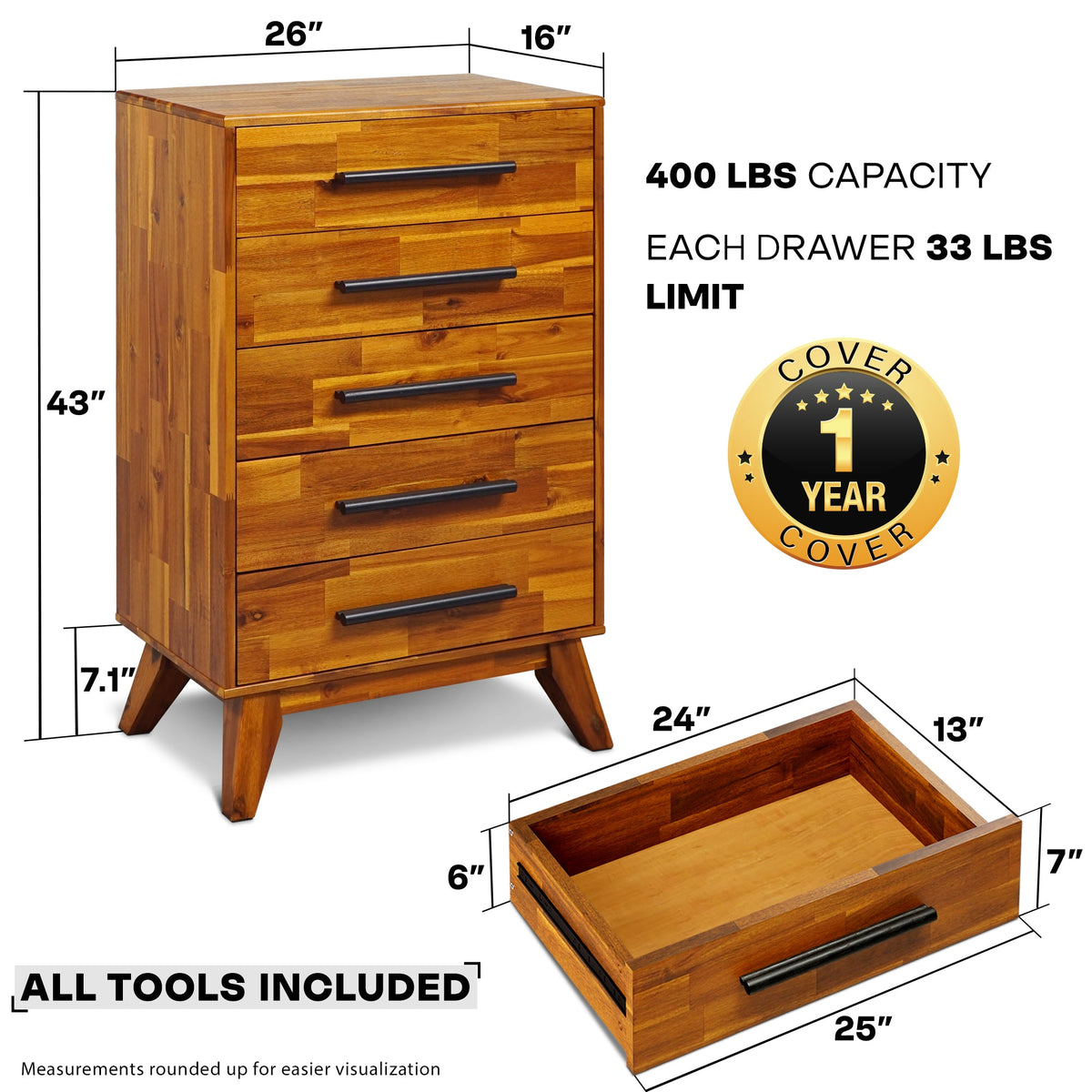 Linea Solid Wood Dresser, dimensions drawing