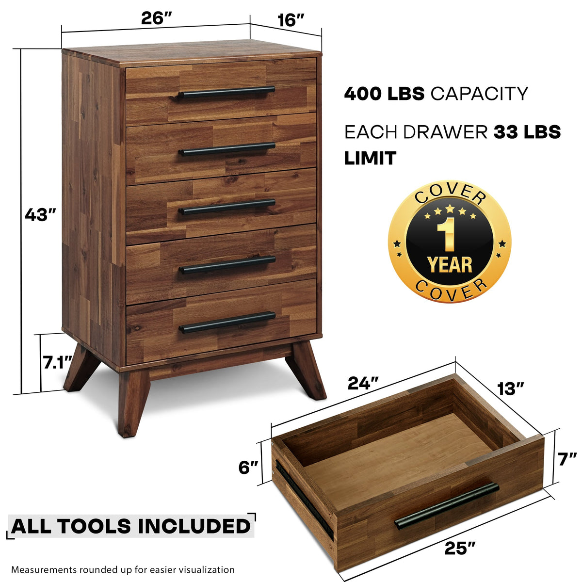 Linea Solid Wood Dresser, dimensions drawing