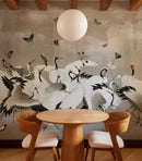 Beige Japanese Chinoiserie Cranes Wall Mural