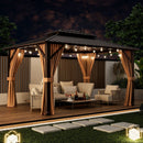 10x13ft Double-Roof Patio Hardtop Gazebo with Galvanized Steel Roof Netting and Curtains-Coffee by LJGDeals