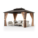 10x13ft Double-Roof Patio Hardtop Gazebo with Galvanized Steel Roof Netting and Curtains-Coffee by LJGDeals
