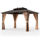 10x13ft Double-Roof Patio Hardtop Gazebo with Galvanized Steel Roof Netting and Curtains-Coffee by LJGDeals