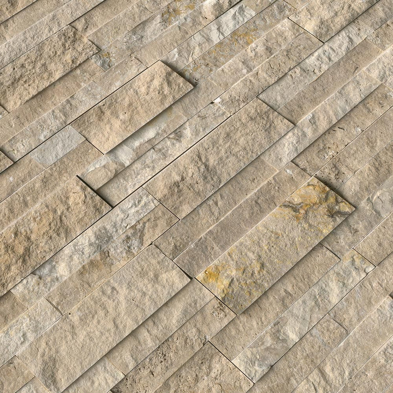 Durango cream splitface ledger panel 6X24 natural travertine wall tile LPNLTDURCRE624 product shot multiple tiles angle view