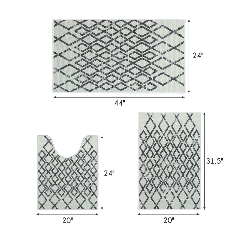 Geometric Daimond Design 3 Piece Bathroom Rugs Set | Ivory