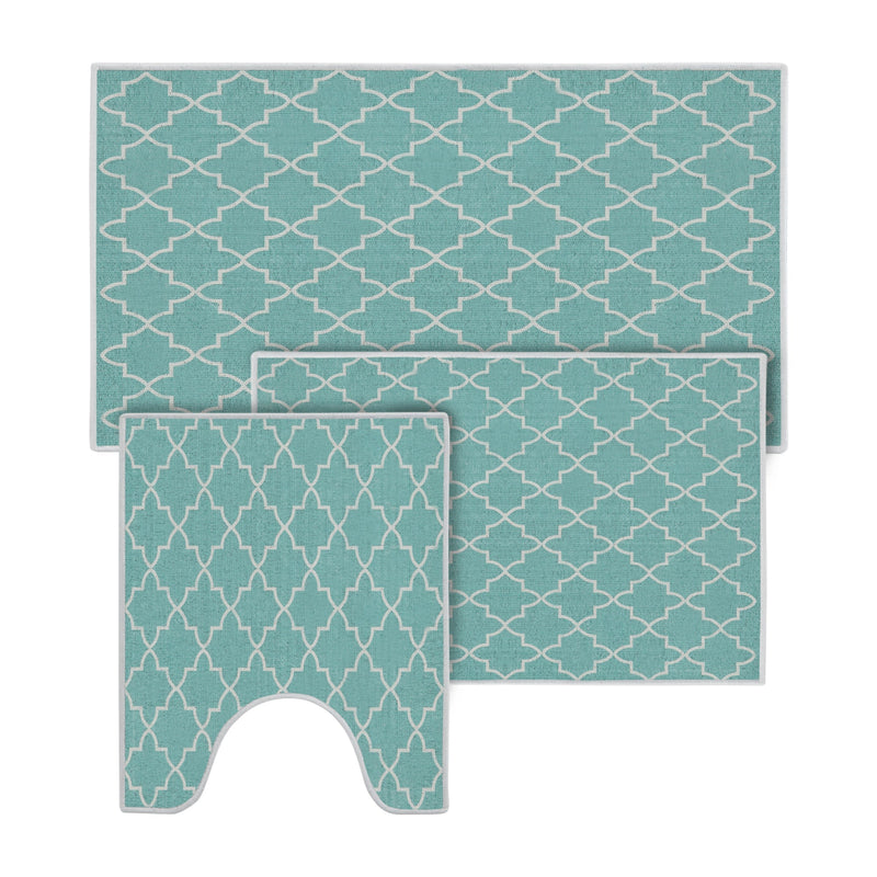Geometric Design 3 Piece Bathroom Rugs Set |Turquoise