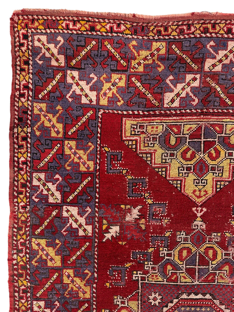 Dezgiri Anatolian Tribal Wool Rug – 5’x8’– Hand-Knotted Red Medallion Rug with Geometric Motifs