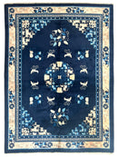 Hand-Knotted Antique Chinese Peking Wool Rug – 5’6” x 7’6” – Full Pile Navy and Cream Design