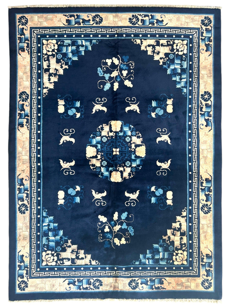 Hand-Knotted Antique Chinese Peking Wool Rug – 5’6” x 7’6” – Full Pile Navy and Cream Design