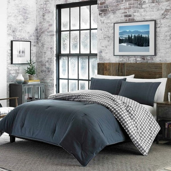 King size 100% Cotton Reverse Plaid Gray/White Comforter Set, photo 4 of 4