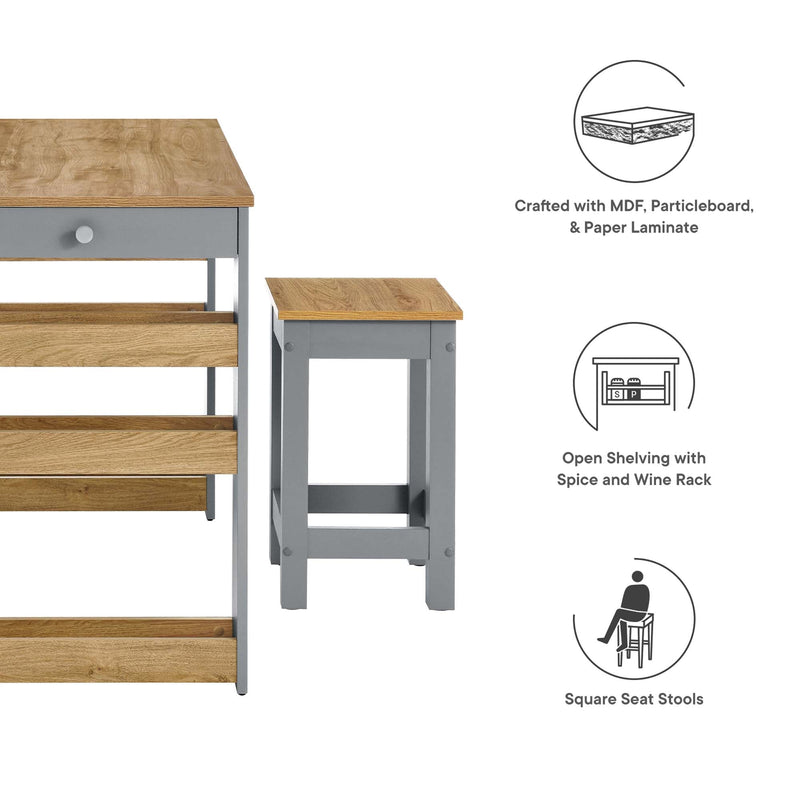 Galley 3-Piece Kitchen Island and Stool Set by Modway, photo 2 of 7