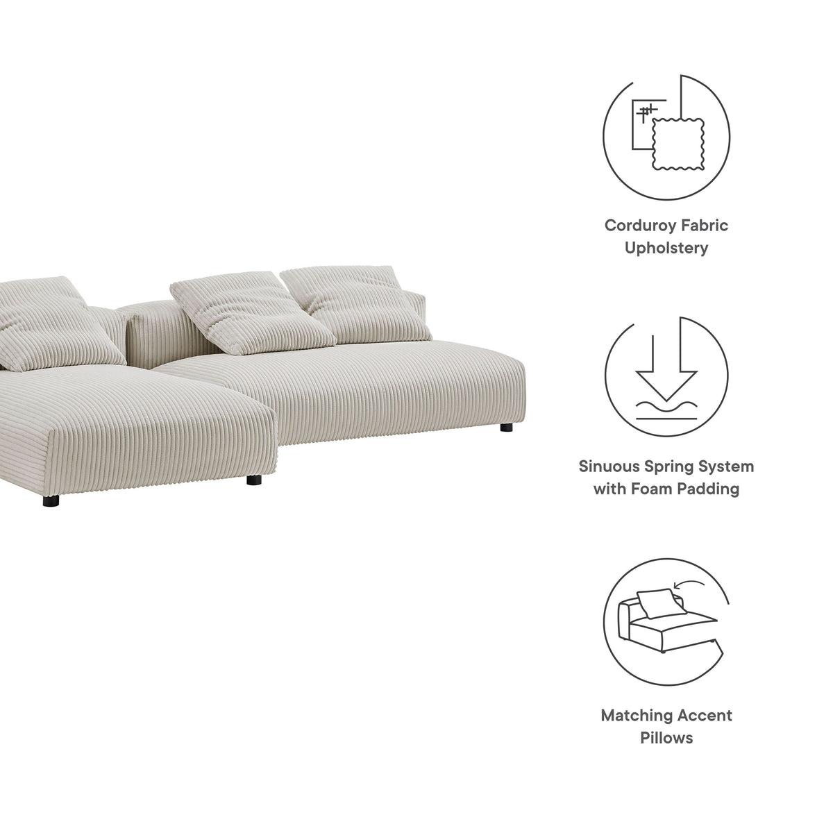 Solace 2-Piece Modular Corduroy Upholstered Sectional Sofa with Chaise, photo 13 of 14