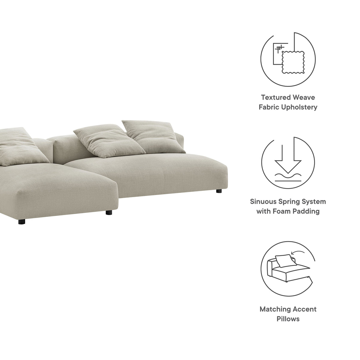 Solace 2-Piece Modular Upholstered Fabric Sectional Sofa with Chaise by Modway, photo 19 of 21