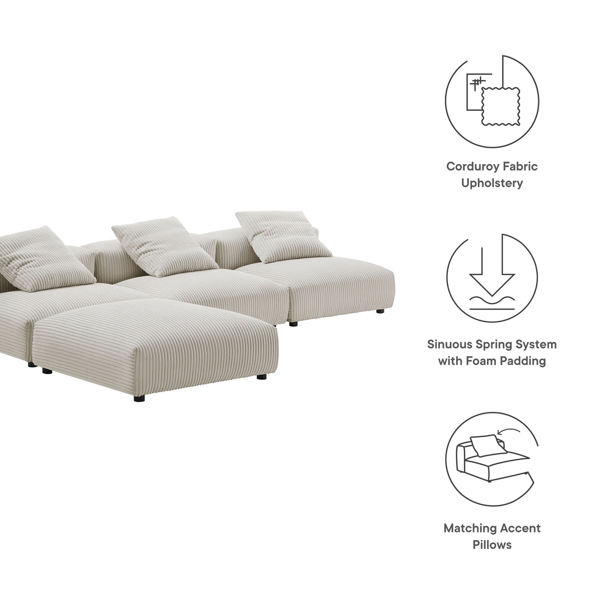 Solace 4-Piece Modular Corduroy Upholstered Sectional Sofa by Modway, photo 13 of 14