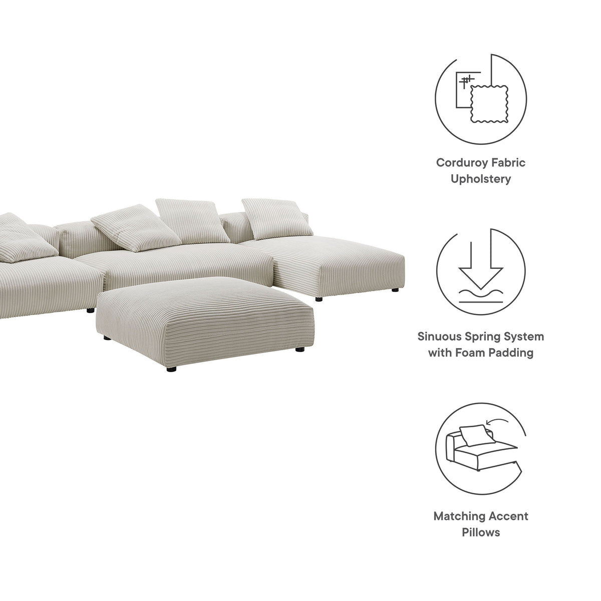 Solace 4-Piece Modular Corduroy Upholstered Sectional Sofa With Ottoman, photo 13 of 14