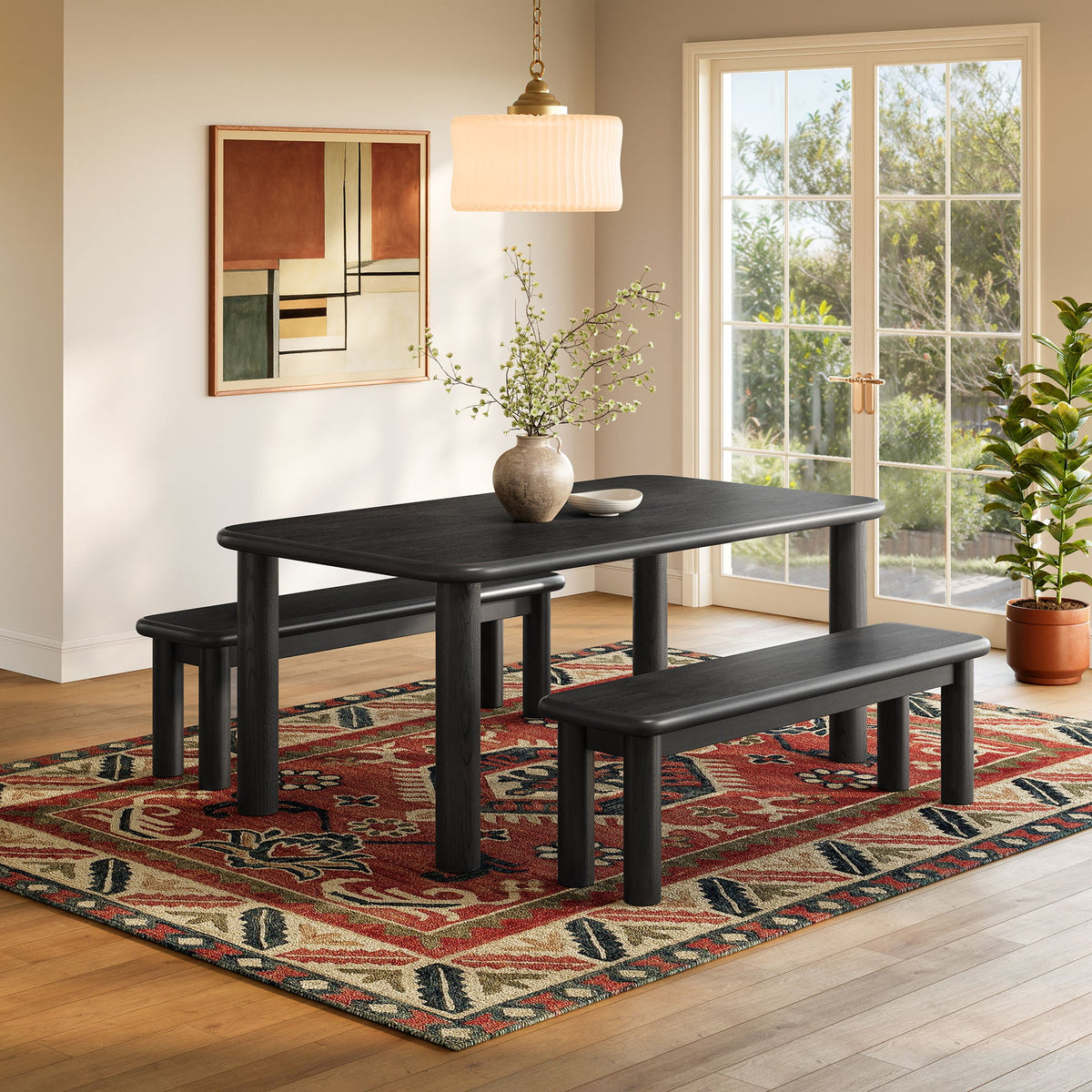 Alvia 3-Piece Oak Wood Dining Table and Benches Set by Modway, photo 6 of 14