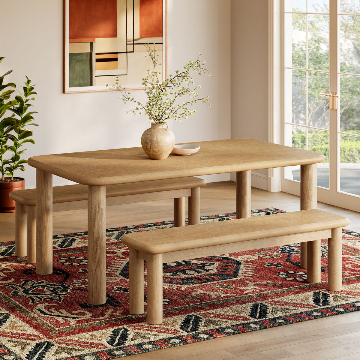 Alvia 3-Piece Oak Wood Dining Table and Benches Set by Modway, photo 13 of 14