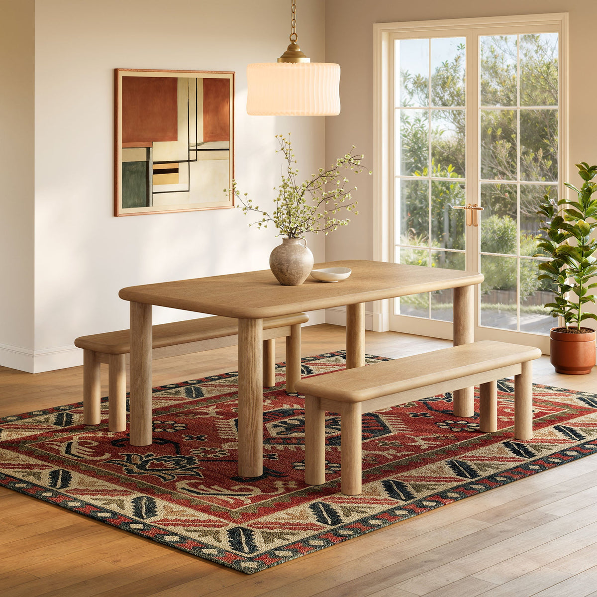 Alvia 3-Piece Oak Wood Dining Table and Benches Set by Modway, photo 14 of 14