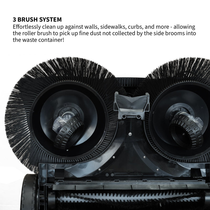 30" Battery Powered Push Sweeper with Triple Power Brooms Electric Drive and Dust Suppression Sprayer