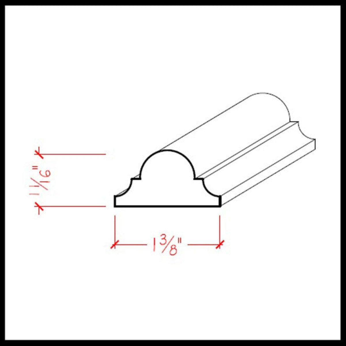 EWAS12 Astragal Moulding 1-3/8" Wide x 11/16" Trim. Unfinished, dimensions drawing
