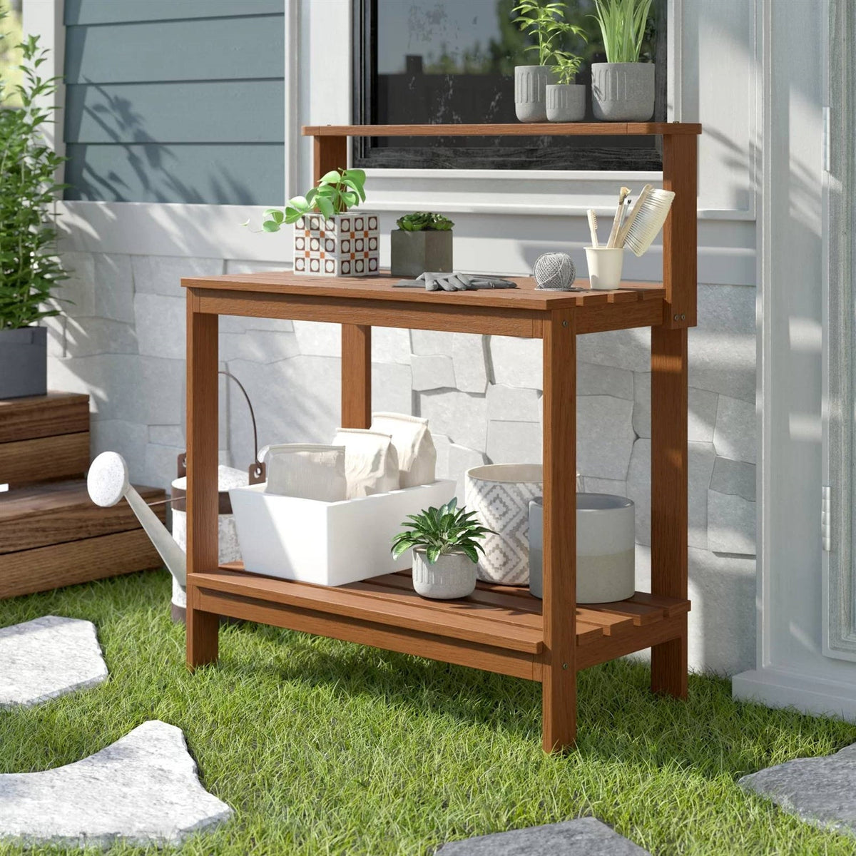 Solid Meranti Wood Outdoor Garden Potting Bench Table with Bottom Shelf, photo 3 of 5