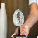 Egg Shaped Crystal on Stand, Agate and Pink Amethyst, Rare Unique Jasper and Agate Crystal on Metal Stand, Elevate your home decor