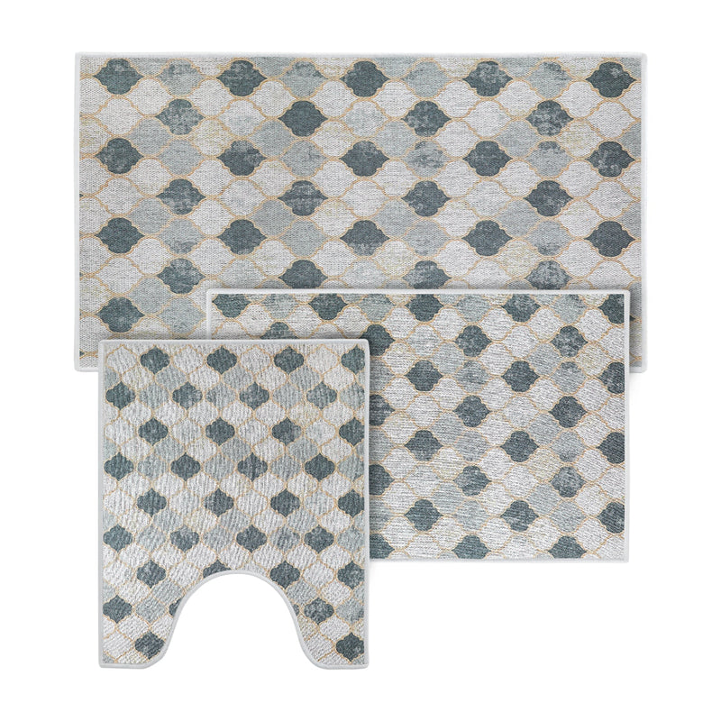 Moroccan Design 3 Piece Bathroom Rugs Set | Beige&Gray