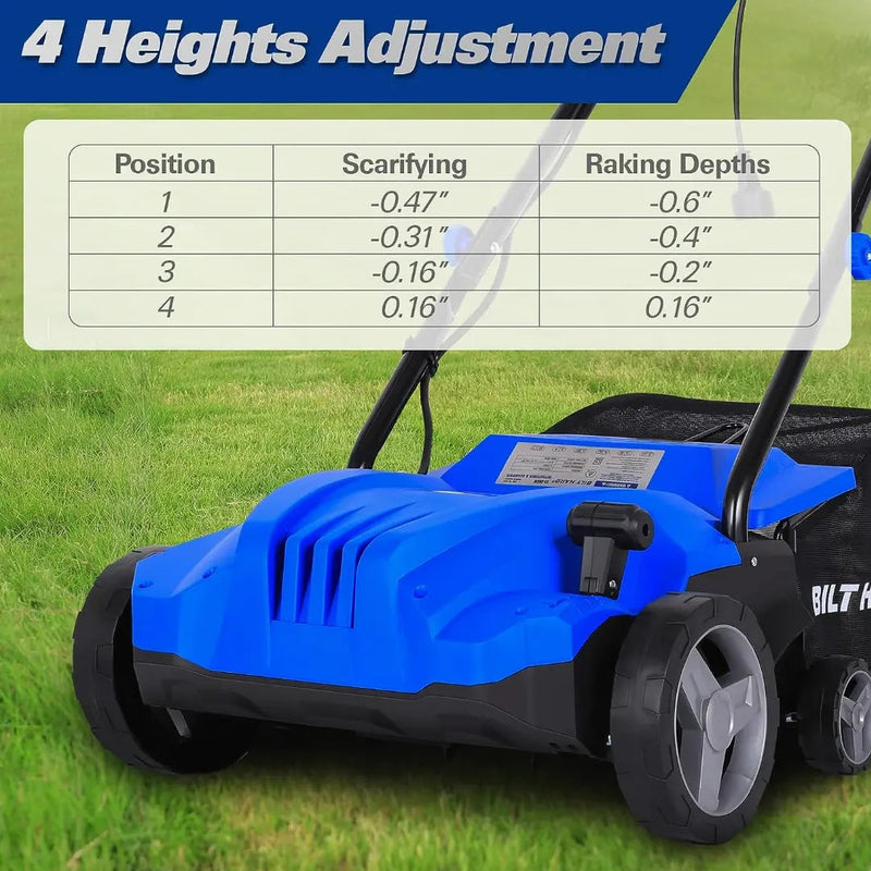 Electric-Powered Dethatcher Scarifier with 12 Amp Copper Motor, 13-inch Raking Width, 8-Gallon Thatch Bag. 2-in-1 Walk-Behind Thatch Removing Machine