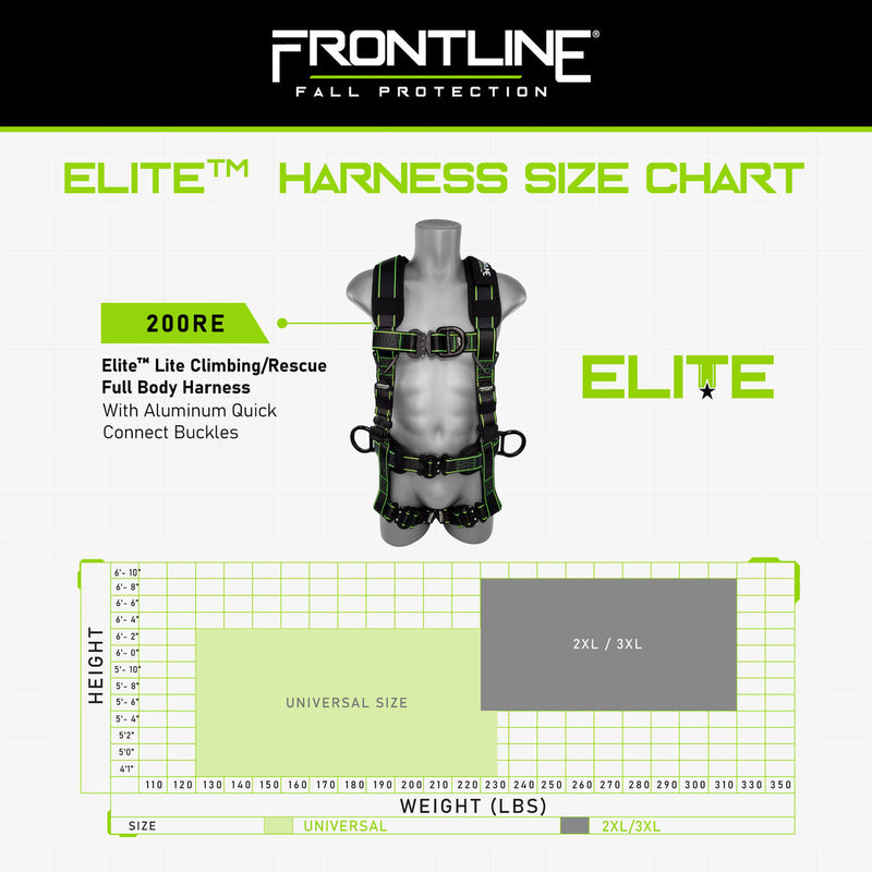 Frontline 200RE Elite Lite Climbing/Rescue Full Body Harness with Aluminum Quick Connect Buckles 2XL/3XL