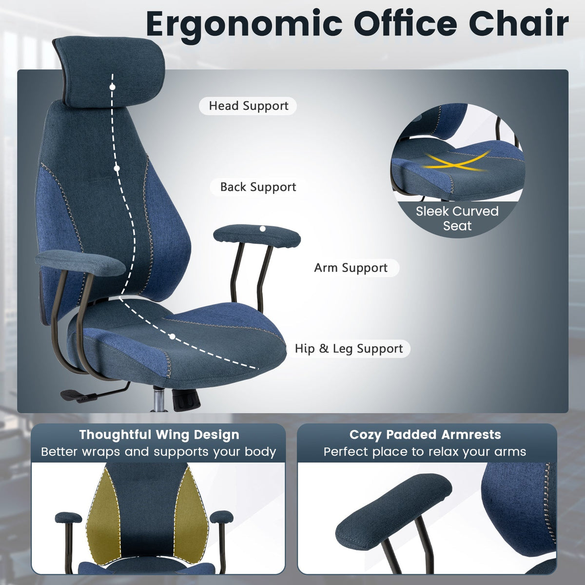 Ergonomic Office Chair Computer Desk Chair with 2D Headrest and Rocking Backrest, photo 9 of 24