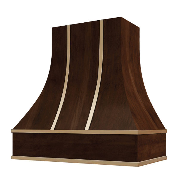 Espresso Range Hood With Curved Front, Brass Strapping and Block Trim - 30", 36", 42", 48", 54" and 60" Widths Available