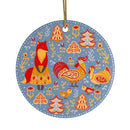 Ethnic Fox Maid and Rooster Nature Ornament, Christmas Forest Scandinavian Theme