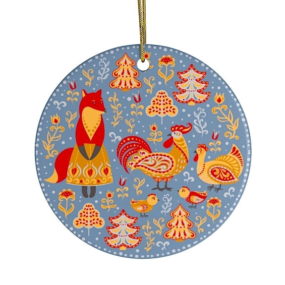 Ethnic Fox Maid and Rooster Nature Ornament, Christmas Forest Scandinavian Theme