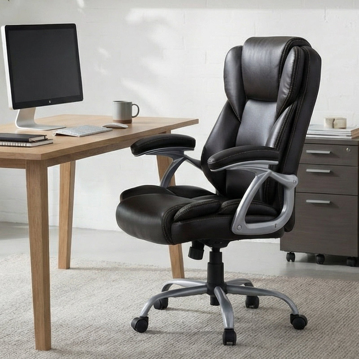 Executive Office Chair Leather Ergonomic Computer Desk Chair with Padded Seat and Armrests, photo 13 of 16