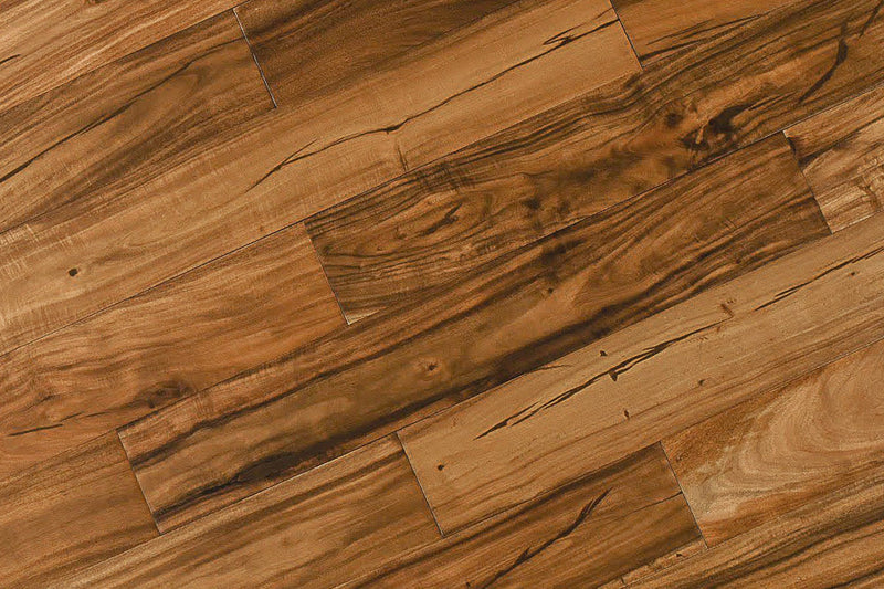 "Explore the allure of Exotic Walnut Natural Solid Hardwood Flooring in the Golden style. Luxurious handscraped finish, 4.75" width, and 0.75" thickness. SKU: TRPSH-EWG."