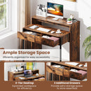 Extendable Computer Desk with 2 Storage Drawers Convertible Home Office Rolling Study Writing Desk-Rustic Brown
