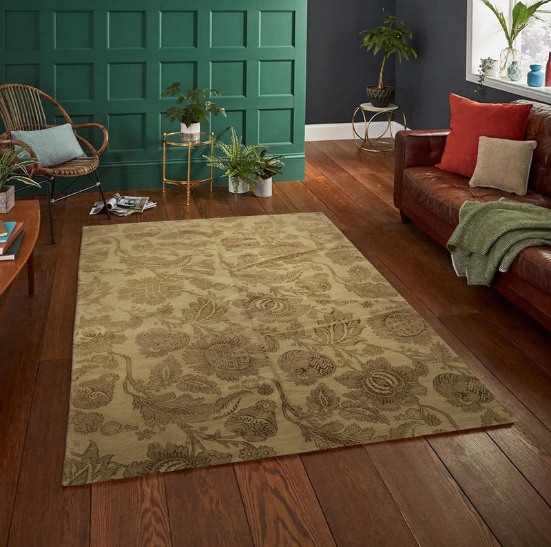 6x9 Olive Green Lapchi Hand Knotted Botanical Wool & Silk Tibetan Transitional Area Rug