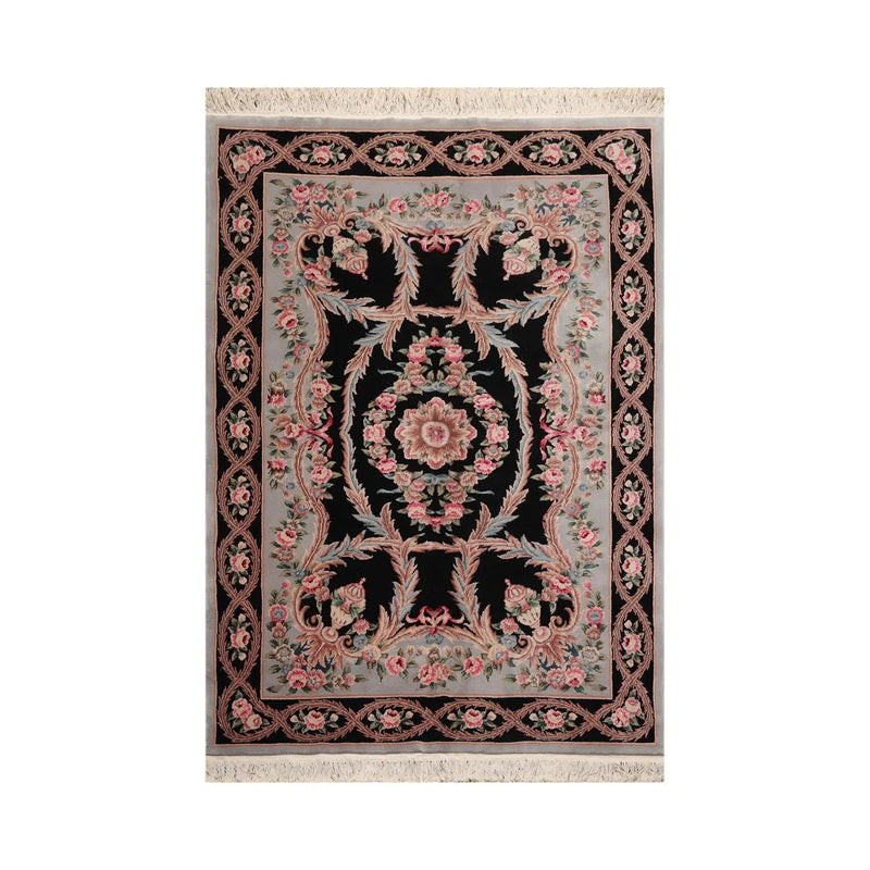 6x9 Black, Powder Blue Hand Knotted Aubusson Savonnerie 100% Wool Asmara Traditional  Oriental Area Rug