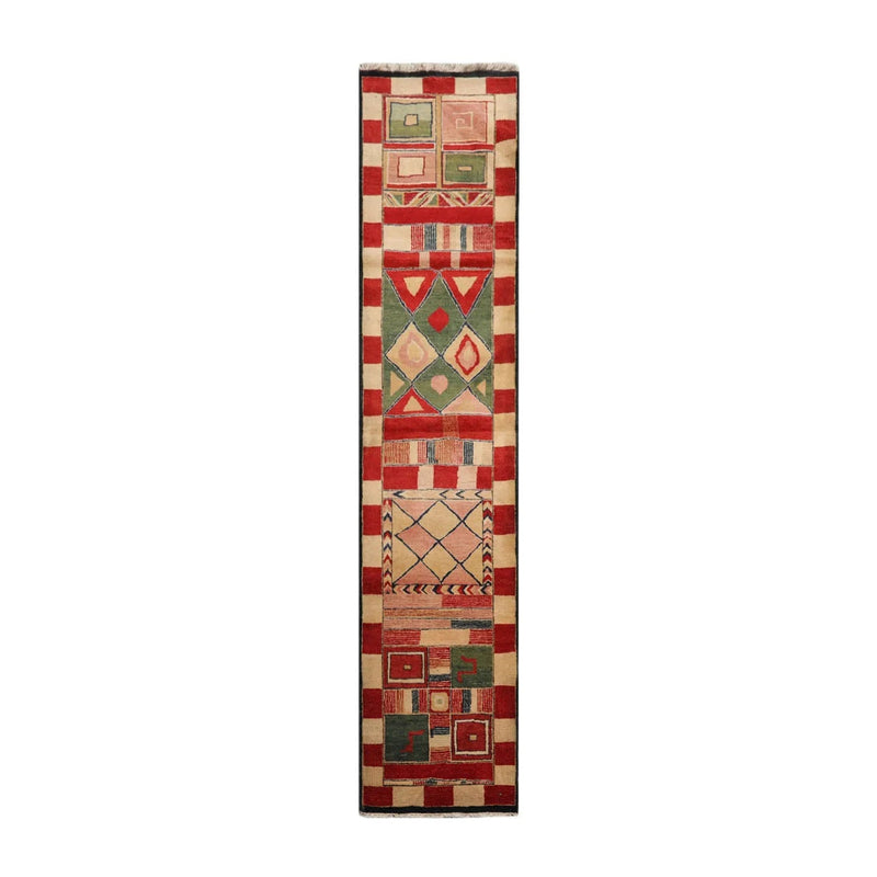2'7''x12'3'' Runner Red, Green Hand Knotted Tibetan 100% Wool Michaelian & Kohlberg Modern & Contemporary Oriental Area Rug