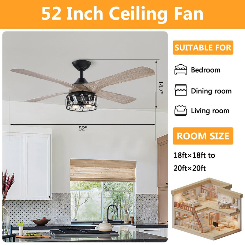 52" Tata Nagar Farmhouse Downrod Mount Reversible Crystal Ceiling Fan with Lighting and Remote Control
