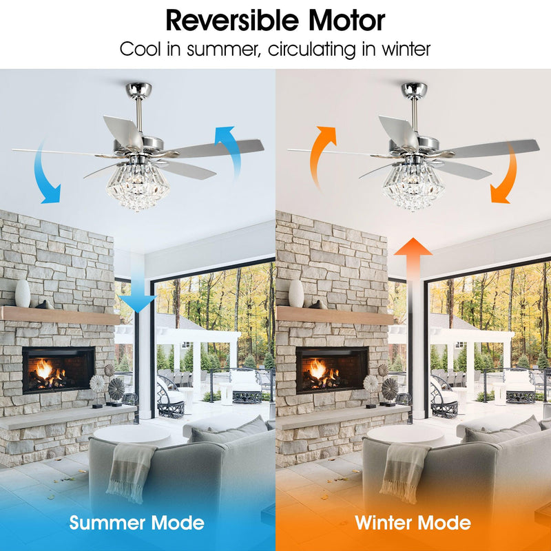 52" Kerala Modern Chrome Downrod Mount Reversible Crystal Ceiling Fan with Lighting and Remote Control
