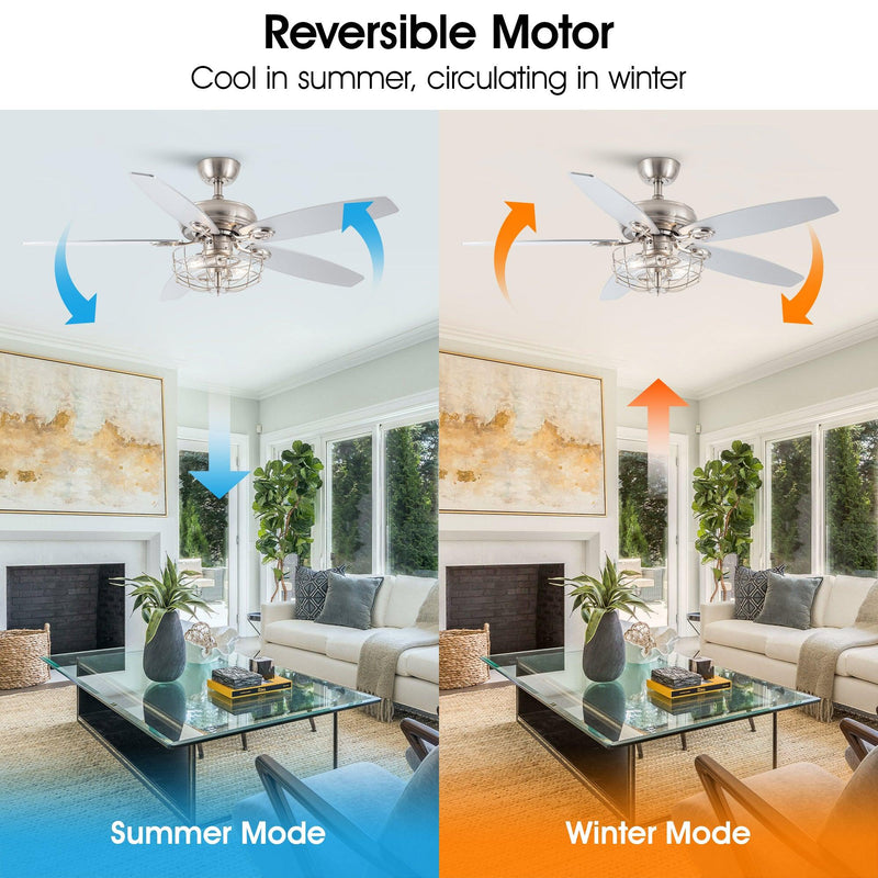 52" Kyla Industrial Brushed Nickel Reversible Caged Ceiling Fan with Lighting