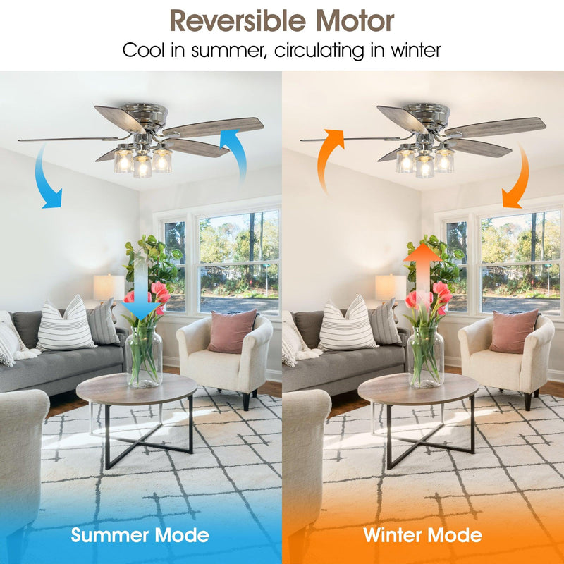 52" Bangatore Traditional Chrome Flush Mount Reversible Ceiling Fan with Lighting and Remote Control