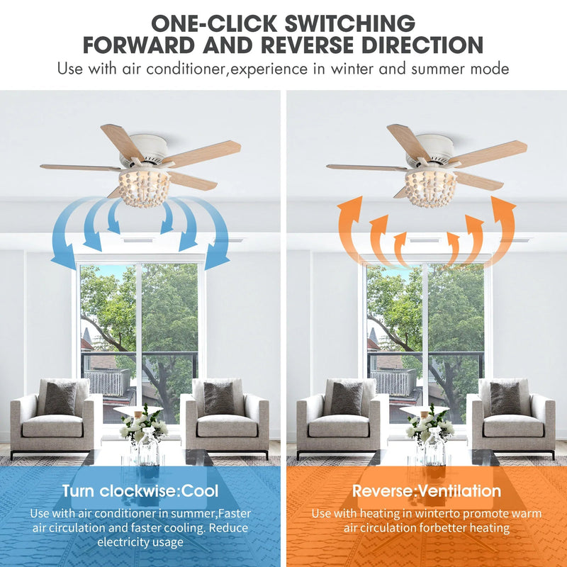 48" New Delhi Farmhouse Flush Mount Reversible Ceiling Fan with Lighting and Remote Control