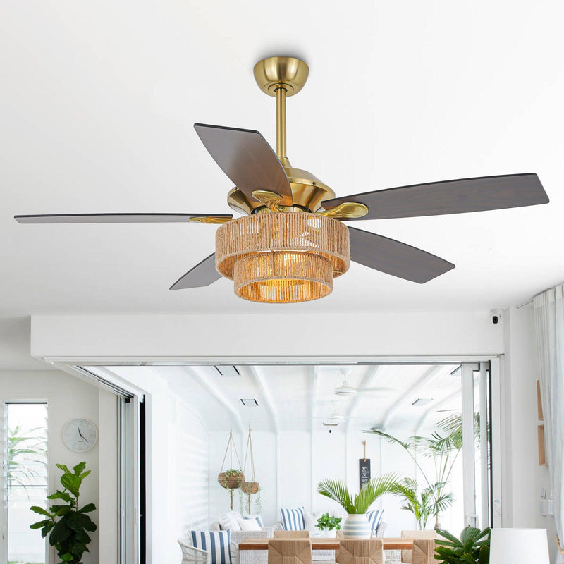 52 Inch Danube Farmhouse DC Motor Golden Downrod Ceiling Fan with Light