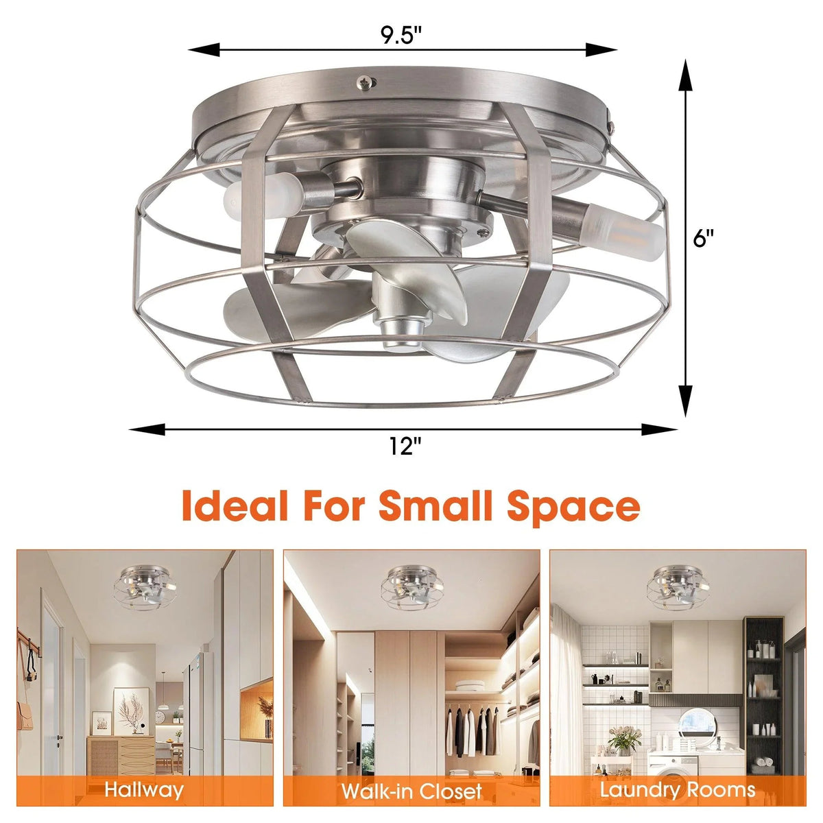 12" Flush Mount Low Profile Caged Small Ceiling Fan with Light and Remote Control, photo 5 of 15