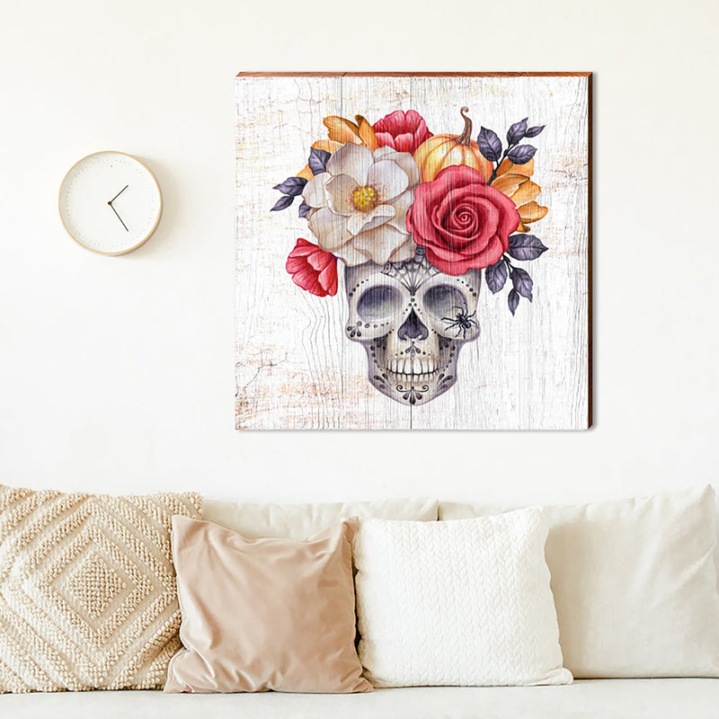 Farmhouse Halloween Flower Skull Sign | Wall Art Print on Real Wood