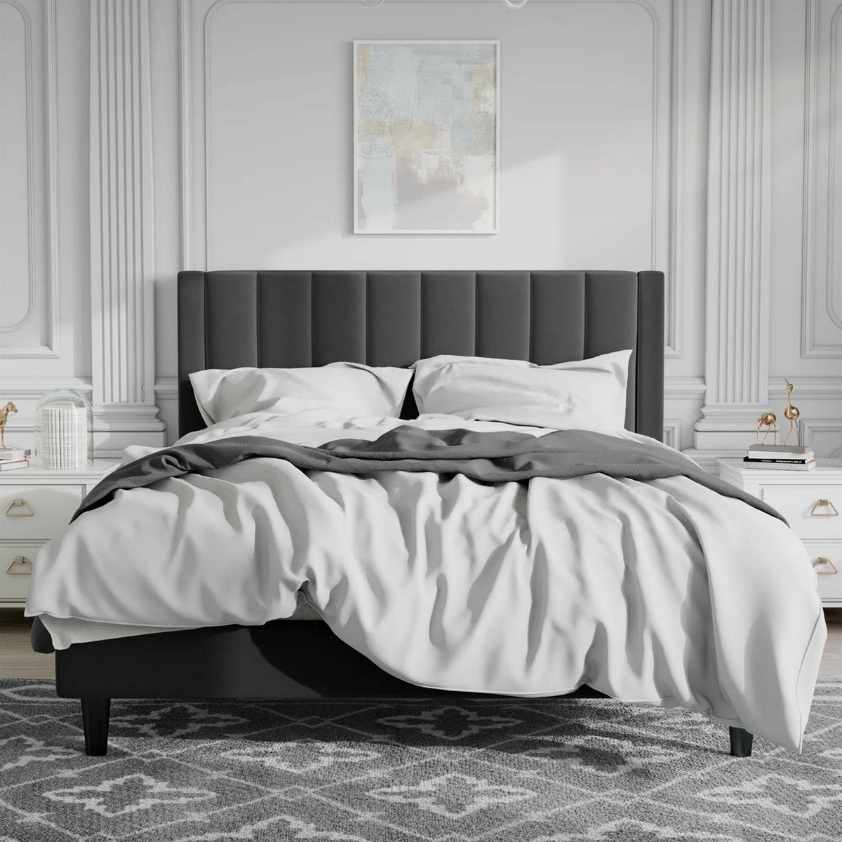 Full size Black Velvet Upholstered Platform Bed Frame with Headboard, photo 2 of 5