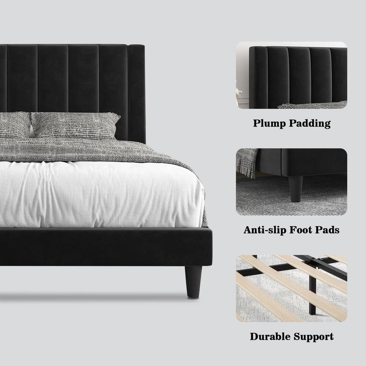Full size Black Velvet Upholstered Platform Bed Frame with Headboard, photo 4 of 5