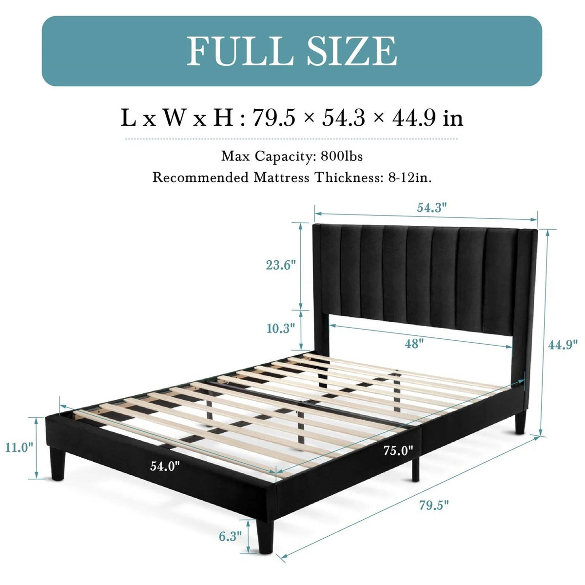 Full size Black Velvet Upholstered Platform Bed Frame with Headboard, photo 5 of 5