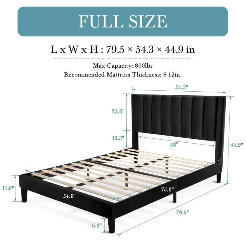 Full size Black Velvet Upholstered Platform Bed Frame with Headboard, photo 5 of 5